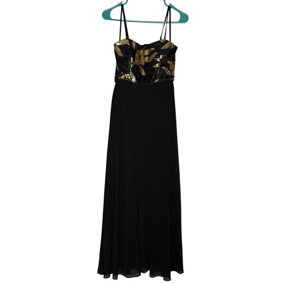 London Times Petite Sequin-Bodice Wide-Leg Jumpsuit Black Gold Women’s Sz 4P - Picture 3 of 9